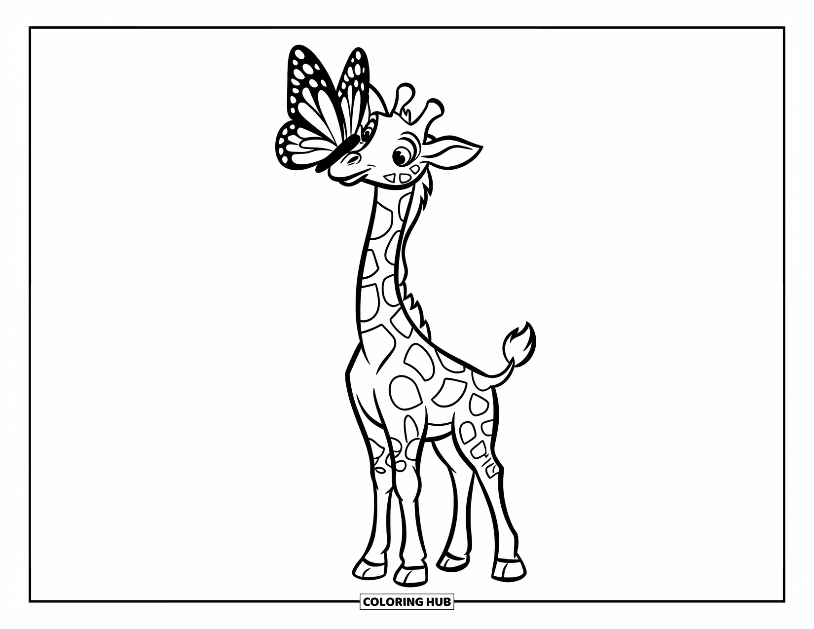 Giraffe Coloring Page for Kids: A giraffe stands with a butterfly delicately resting on its nose
