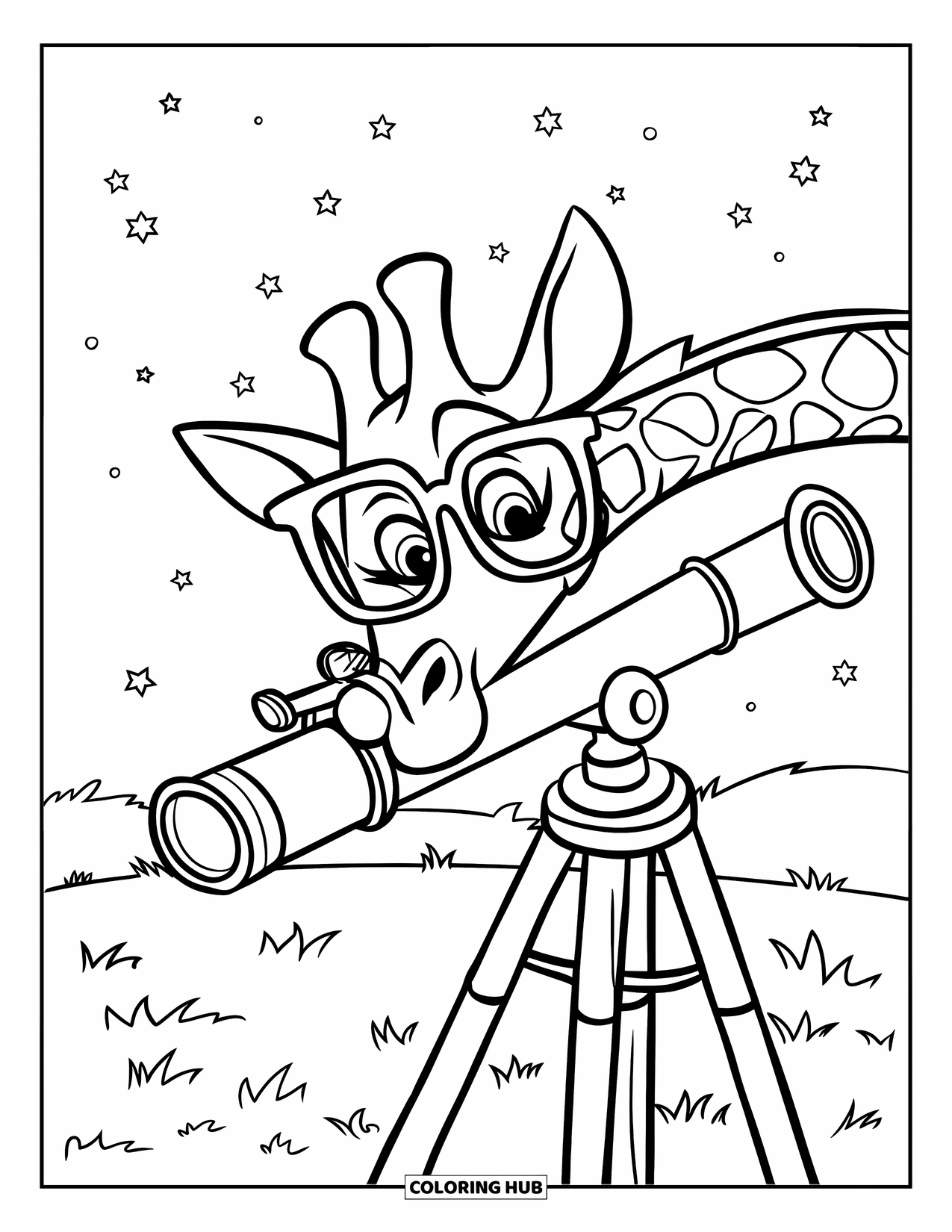Giraffe Coloring Page for Kids: A giraffe with glasses observes the stars through a telescope on a wooden stand