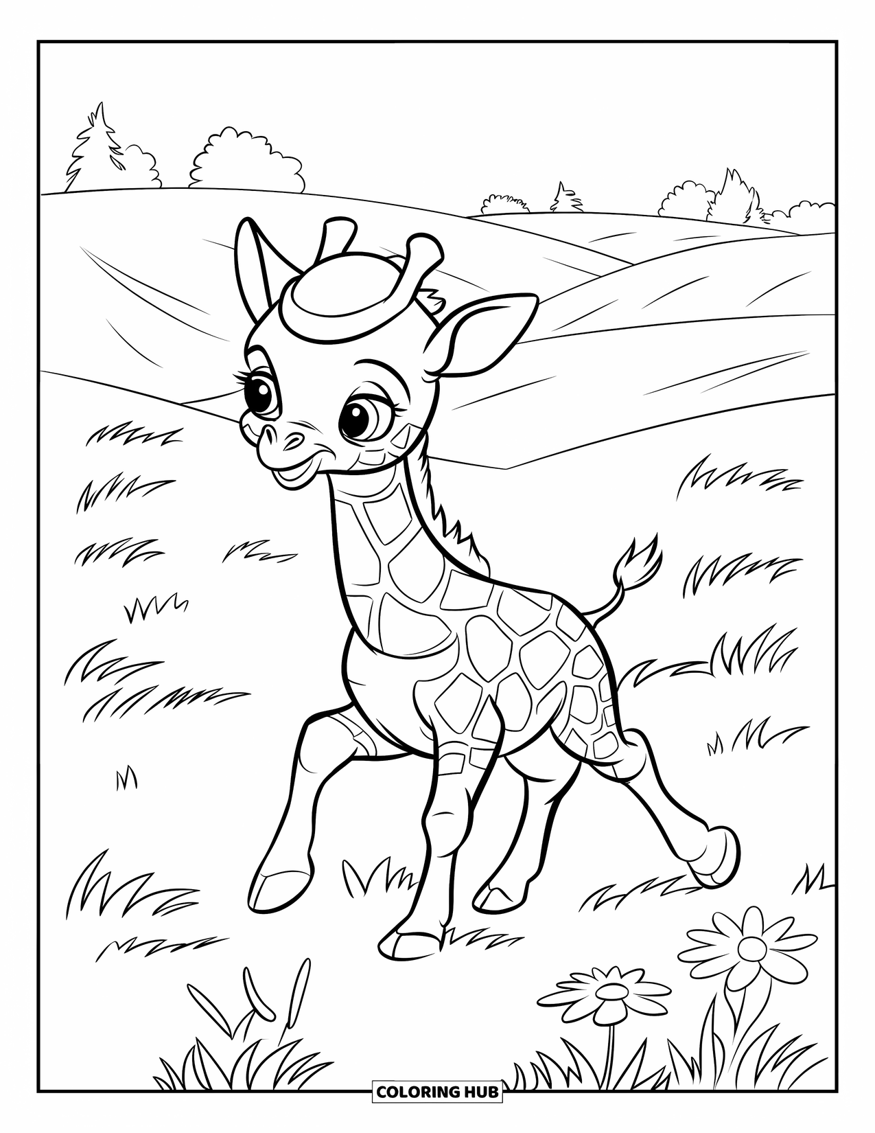 Giraffe Coloring Page for Kids: A happy giraffe runs through the grassy plains, surrounded by flowers and hills