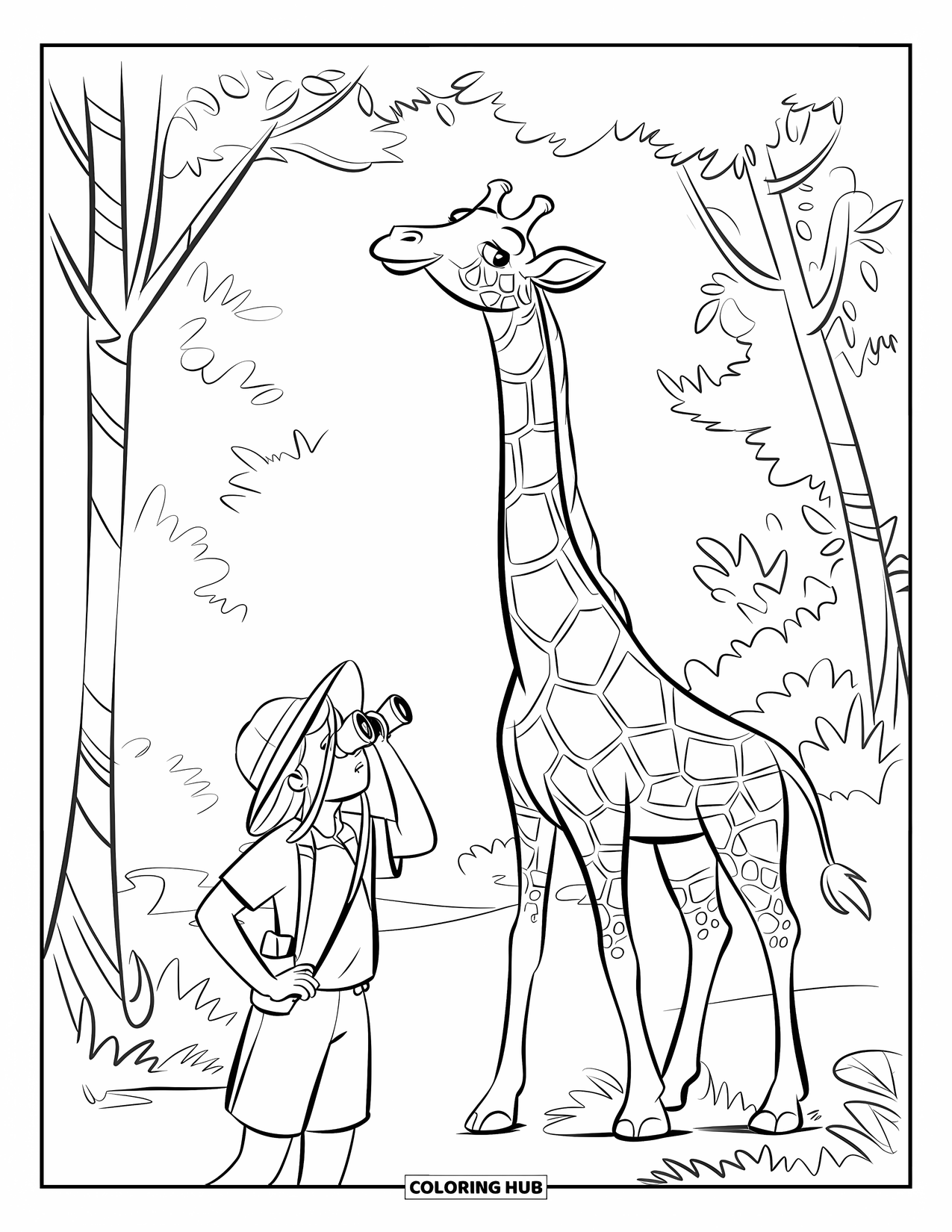 Giraffe Coloring Page for Kids: A jungle girl observes a giraffe stretching its neck for high leaves