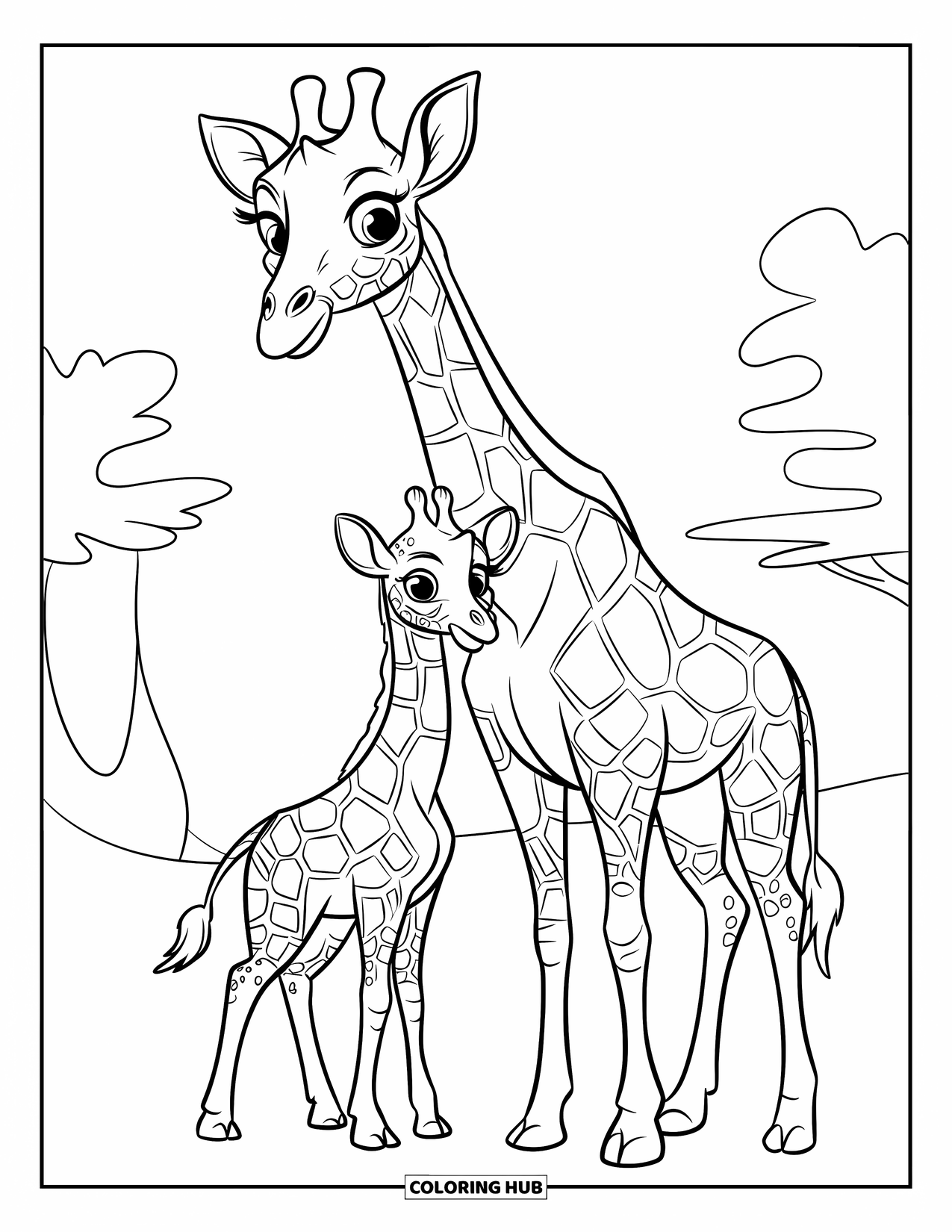 Giraffe Coloring Page for Kids: A mother giraffe and her baby stand closely in an open field