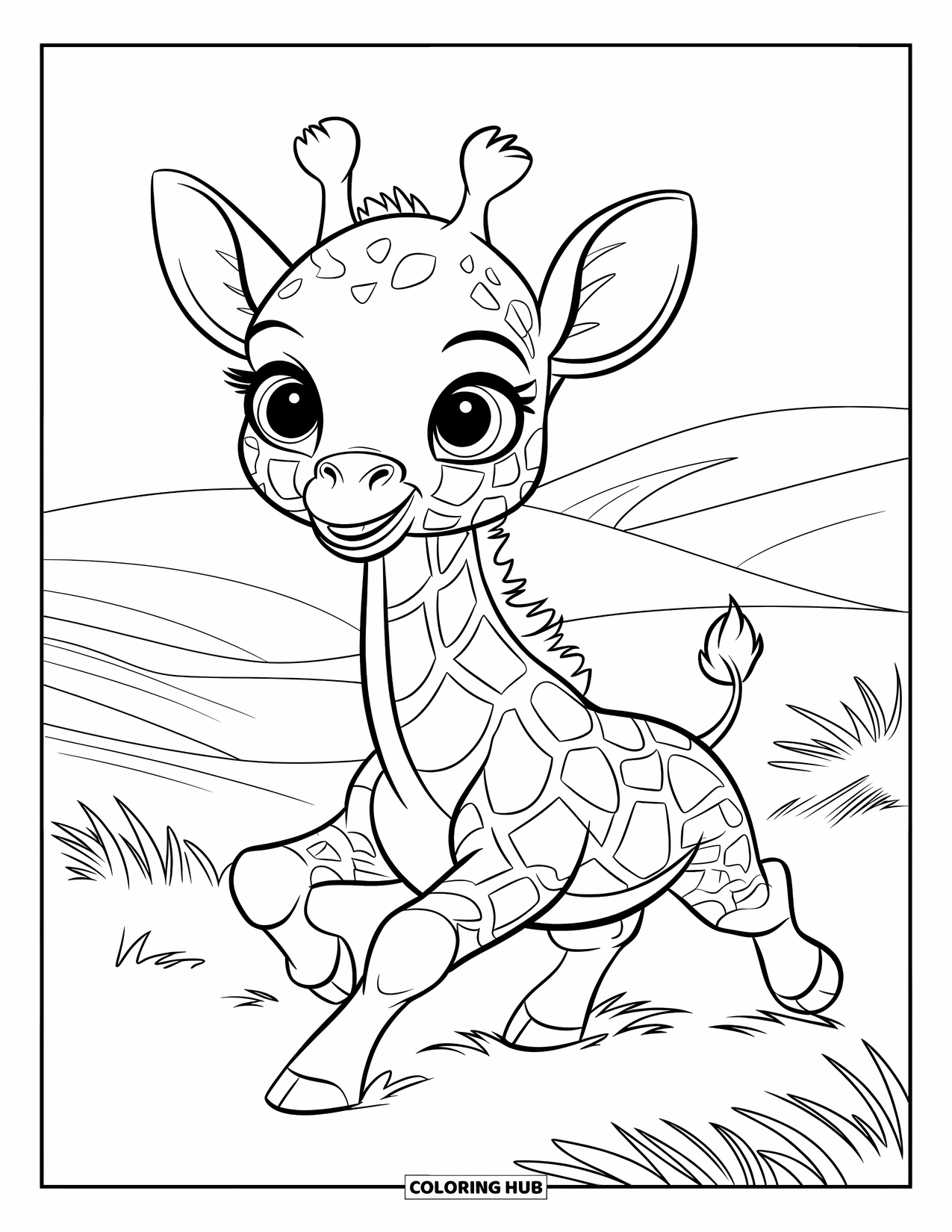 Giraffe Coloring Page for Kids: A playful baby giraffe sprints across the open grassland with excitement
