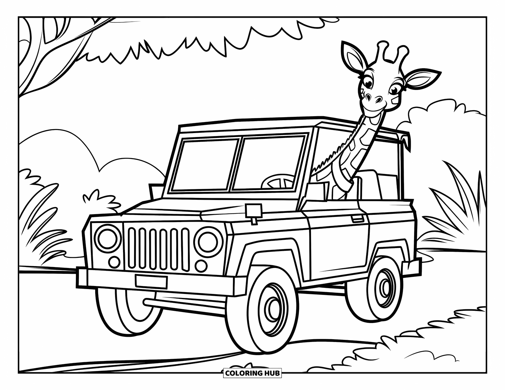 Giraffe Coloring Page for Kids: A playful giraffe peeks from behind a jeep parked in a lush forest