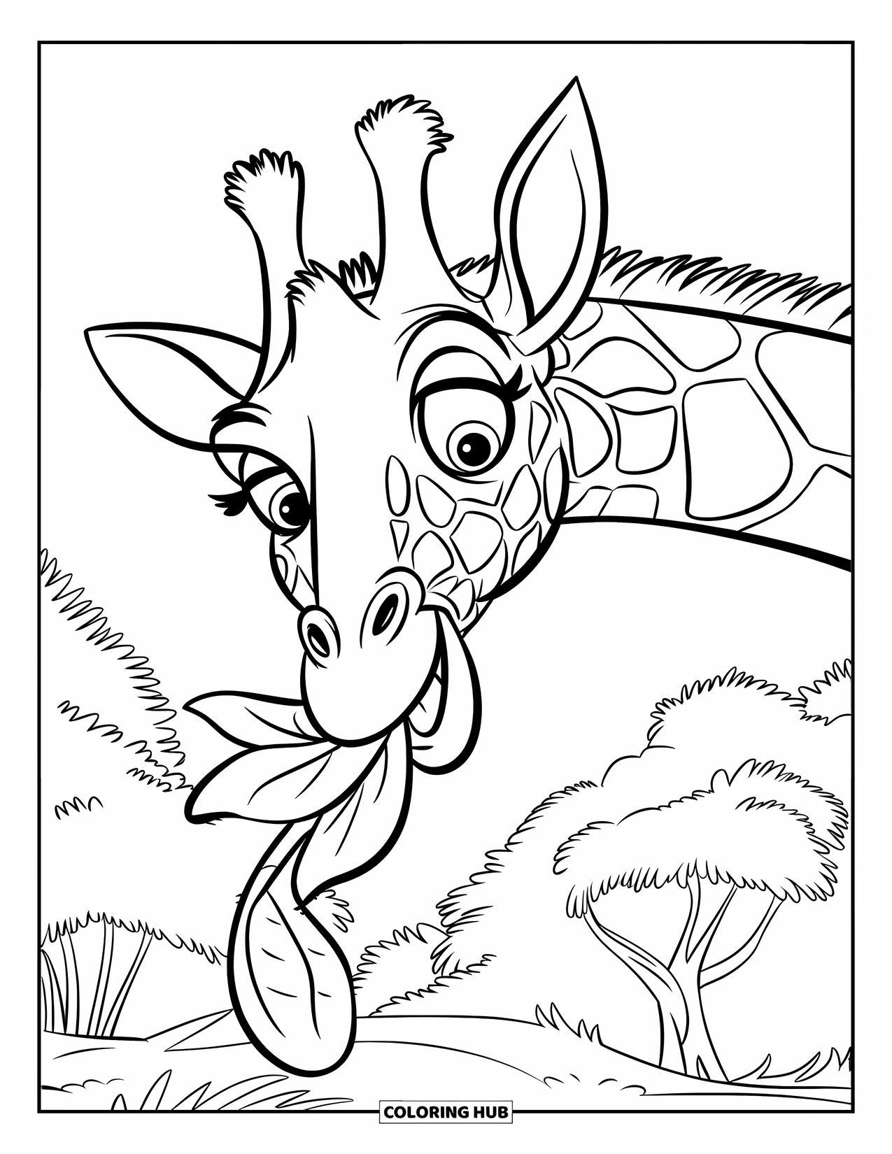 Giraffe Coloring Page for Kids: A playful giraffe sticks its tongue out while munching on fresh leaves
