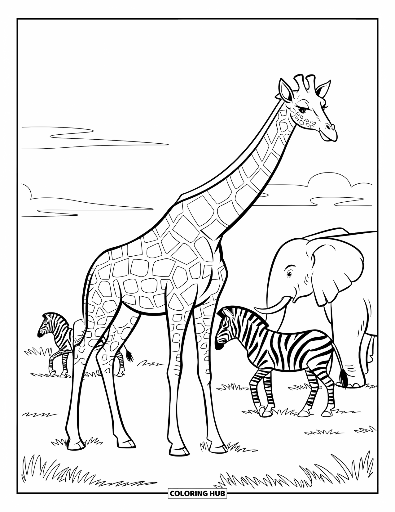 Giraffe Coloring Page for Kids: A safari scene with a giraffe, zebras, and elephants under a bright sky