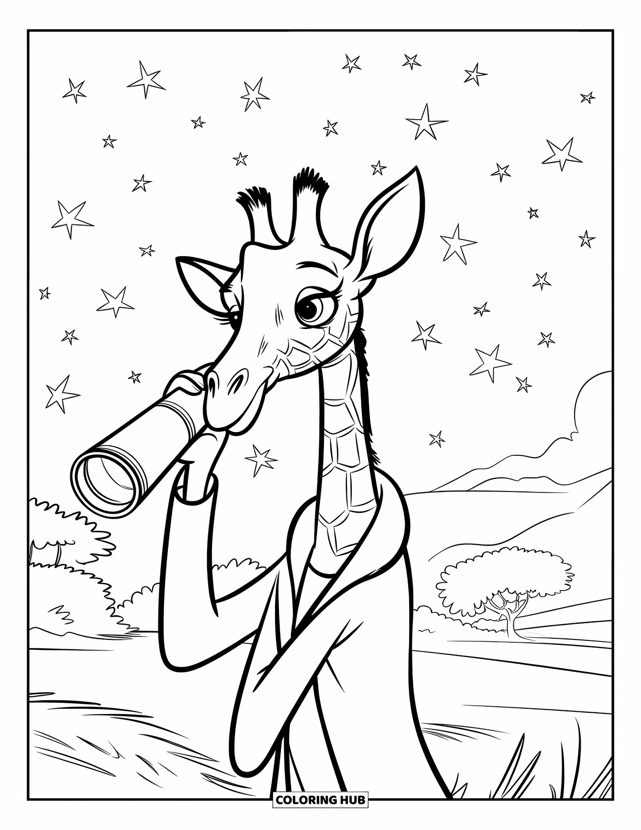 Giraffe Coloring Page for Kids: A scientist giraffe in a lab coat studies the stars with a telescope