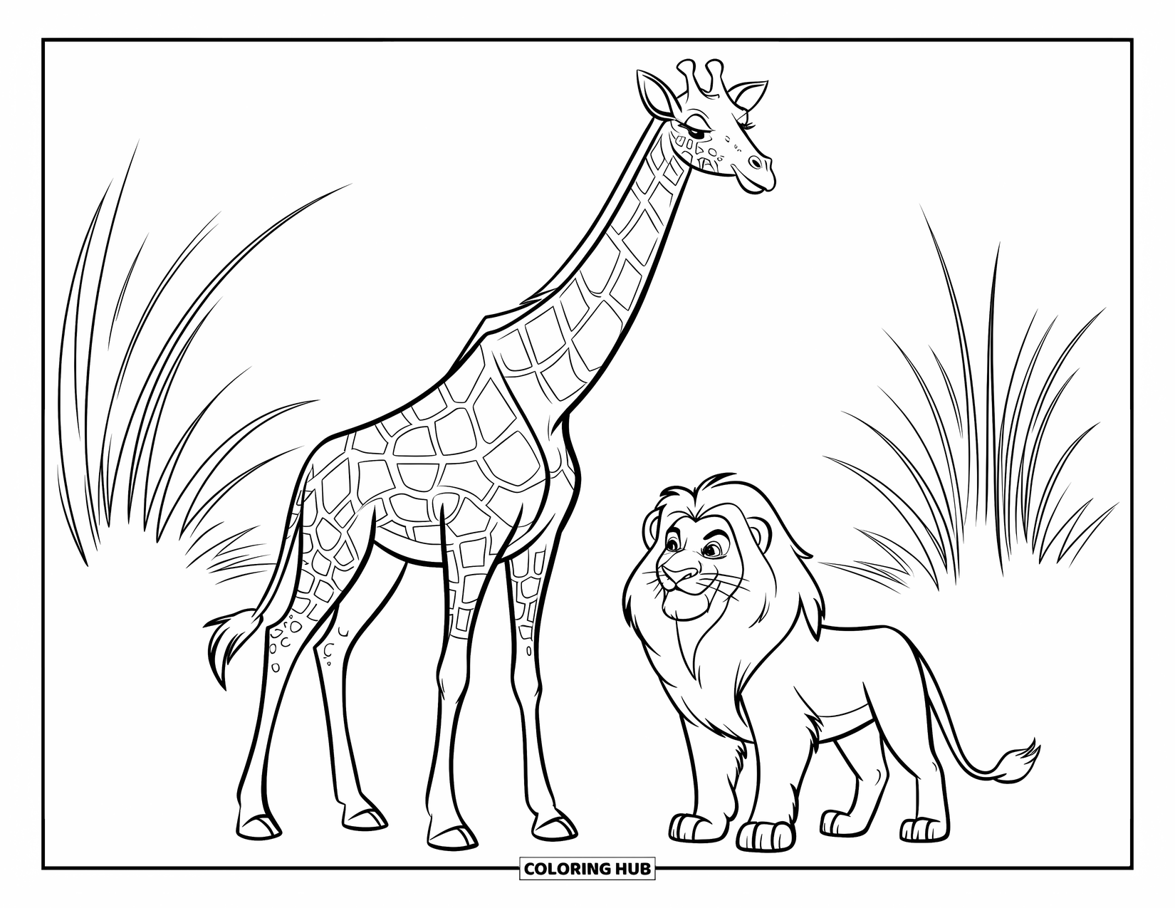 Giraffe Coloring Page for Kids: A tall giraffe and a lion stand in the savannah, surrounded by tall grasses