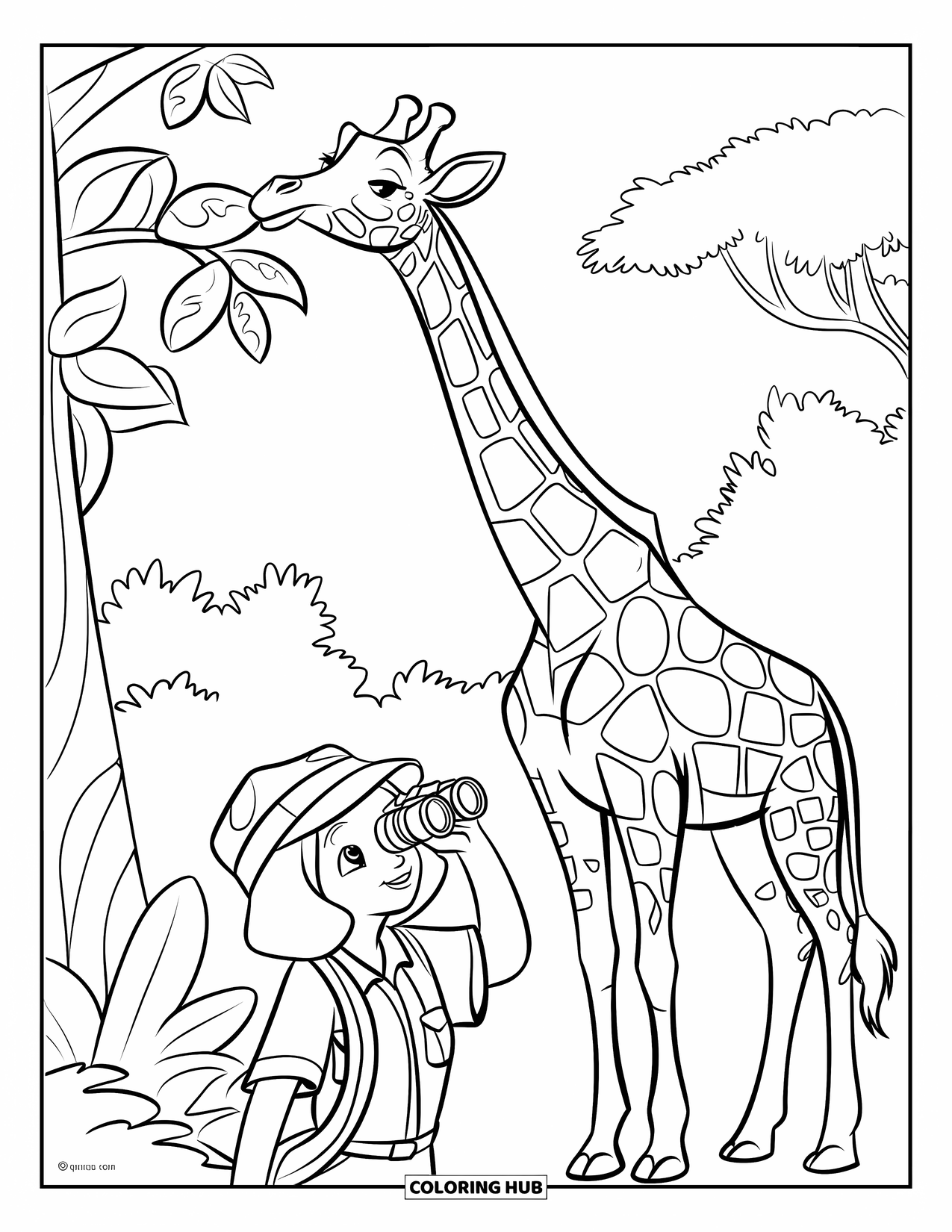 Giraffe Coloring Page for Kids: A young explorer peers through binoculars at a towering giraffe in the jungle
