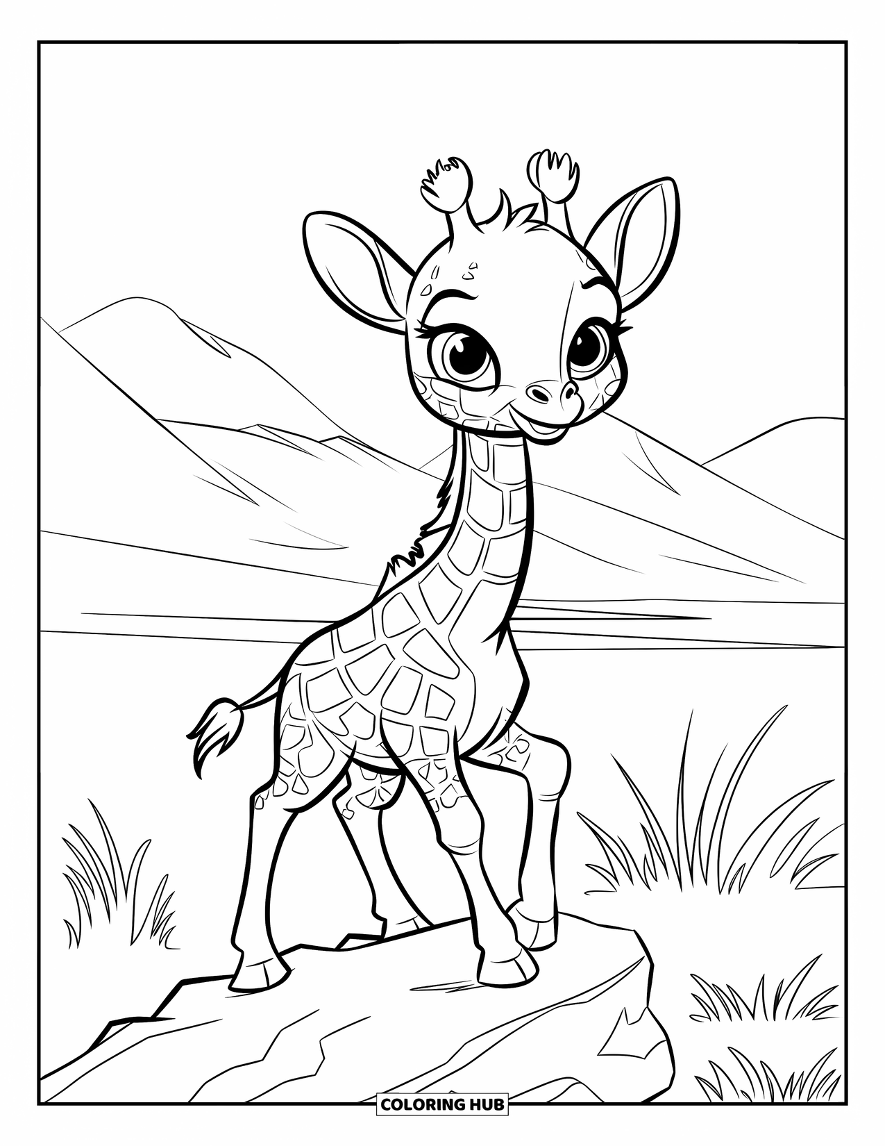 Giraffe Coloring Page for Kids: A young giraffe confidently stands on a rock, surrounded by tall grass