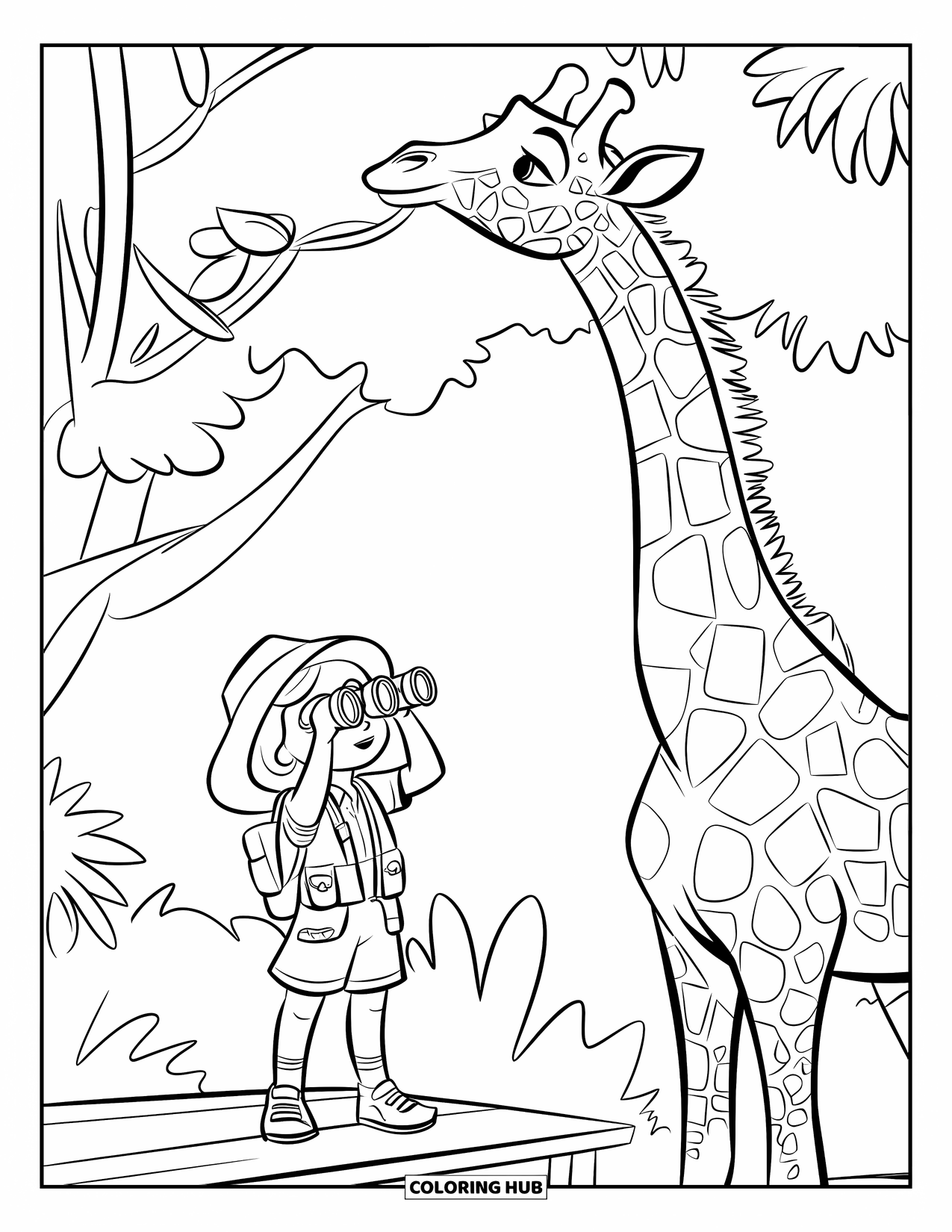Giraffe Coloring Page for Kids: An explorer girl watches a giraffe eat leaves from a tall tree