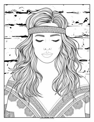 Dibujo de cara de niña para adultos: Una mujer bohemia con una diadema medita en la naturaleza, rodeada de intrincados patrones