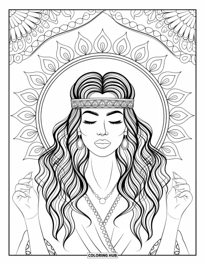 Dibujo de cara de niña para adultos: Una mujer bohemia con cabello ondulado y una diadema estampada cierra los ojos en meditación