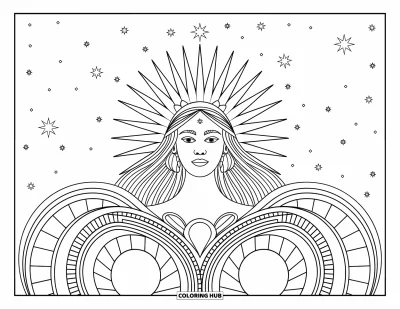 Dibujo de cara de niña para adultos: Una diosa coronada con un sol brillante detrás de ella está de pie debajo de un cielo estrellado