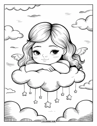 Dibujo de cara de niña para adultos: Una niña ángel soñadora apoya su barbilla en una nube esponjosa, con pequeñas alas asomando detrás de ella