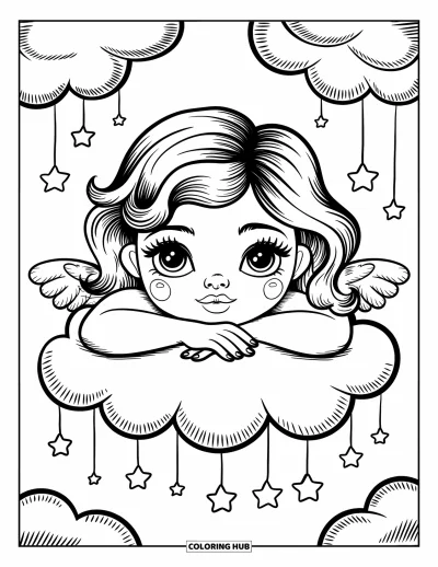 Dibujo para colorear de cara de niña para adultos: Una niña ángel gentil se apoya en una nube mientras las estrellas brillan a su alrededor en el cielo