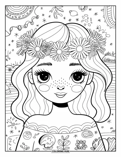Dibujo de cara de niña para adultos: Una niña amable con cabello ondulado lleva una corona floral hecha de margaritas y rosas