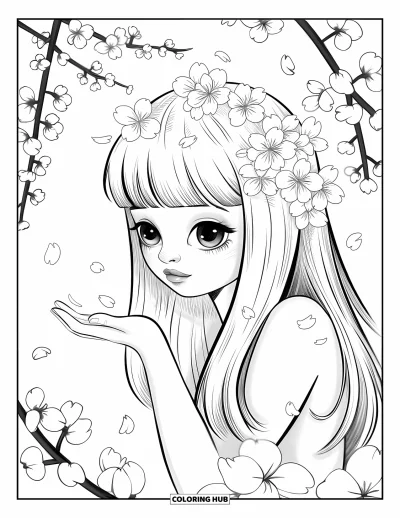 Dibujo de cara de niña para adultos: Una niña enmarcada por ramas de sakura observa cómo las flores de cerezo se desplazan por el aire