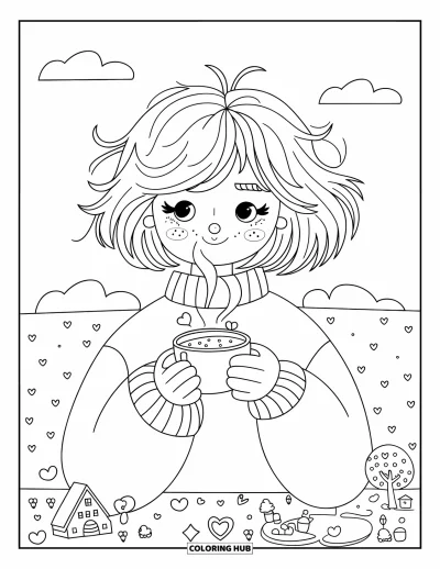 Dibujo de cara de niña para adultos: Una niña con un suéter grande sorbe cacao mientras un pequeño vapor con forma de corazón se eleva en el aire