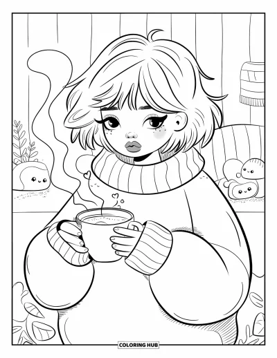 Dibujo de cara de niña para adultos: Una niña con un suéter cómodo sostiene una bebida caliente, rodeada de peluches y plantas