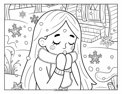 Dibujo de cara de niña para adultos: Una niña con una bufanda esponjosa sopla en sus manos mientras los copos de nieve giran a su alrededor