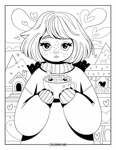 Dibujo de cara de niña para adultos: Una niña con un suéter grande sorbe cacao mientras vapor con forma de corazón flota en el aire