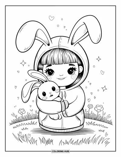 Dibujo para colorear de cara de niña para adultos: Una niña con orejas de conejo abraza a su conejito de peluche en un campo de hierba con pequeñas flores