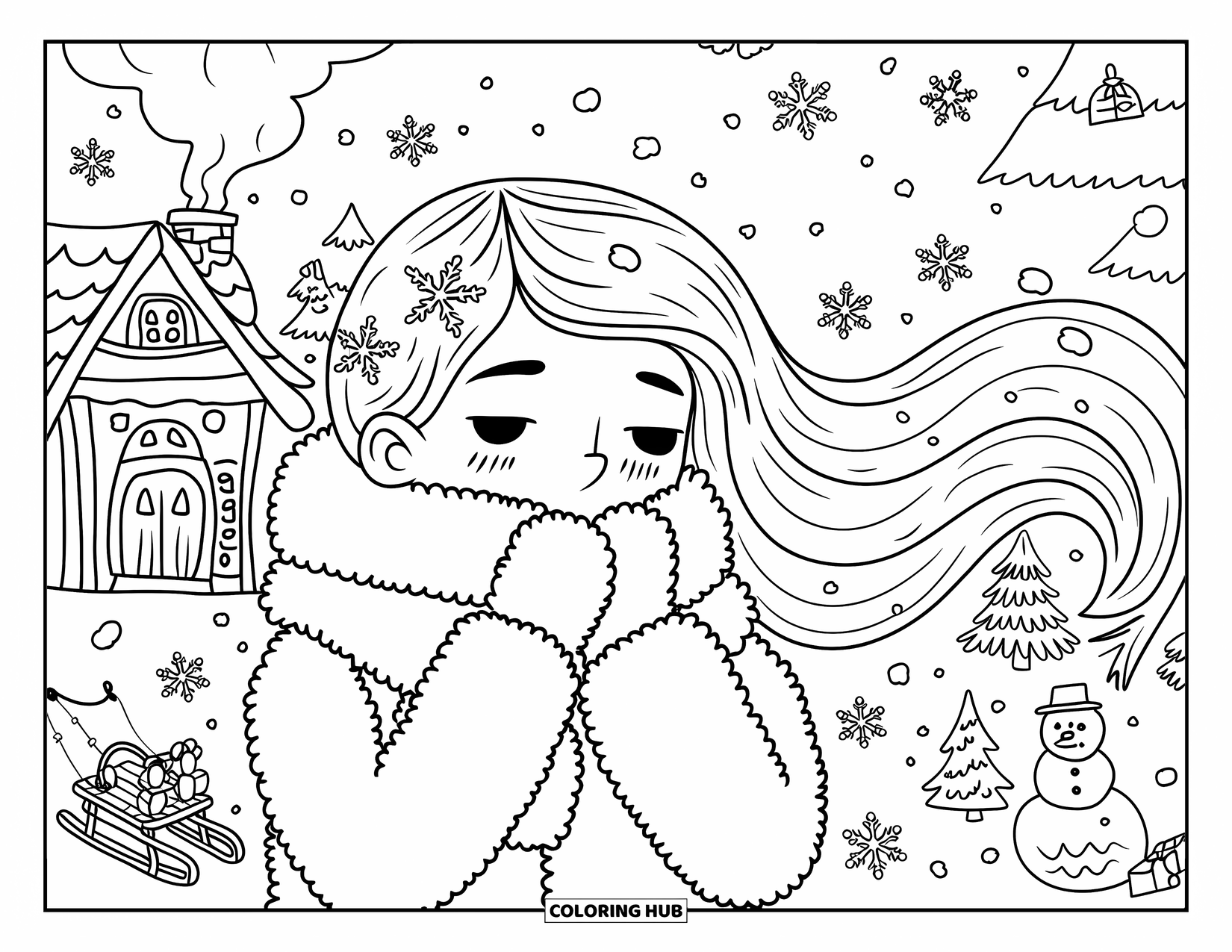 Meisjesgezicht Kleurplaat voor volwassenen: Een meisje met haarspelden in de vorm van sneeuwvlokken warmt haar handen in een winterwonderland met een knus huisje