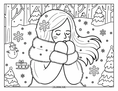 Dibujo de cara de niña para adultos: Una niña con copos de nieve en el pelo está de pie en un país de las maravillas nevado con un trineo y un árbol de Navidad