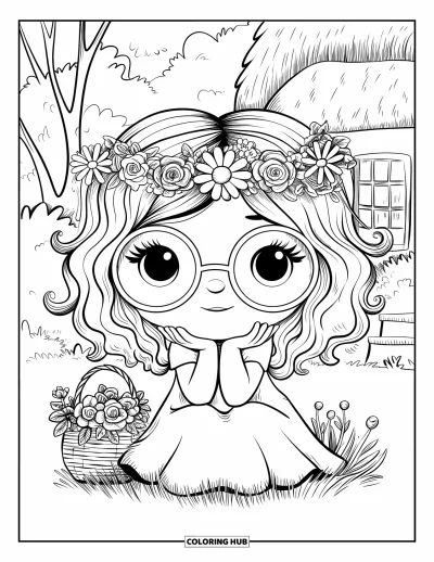 Dibujo para colorear de cara de niña para adultos: Una niña con pelo ondulado, gafas redondas y una corona de flores está sentada con una cesta de flores