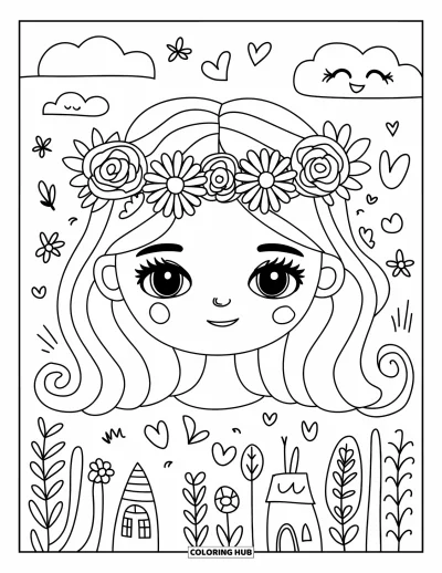 Dibujo para colorear de cara de niña para adultos: Una niña con rizos ondulados y una corona de flores sonríe junto a una mariposa y una casita
