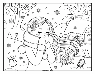 Dibujo de cara de niña para adultos: Una niña envuelta en una bufanda esponjosa está de pie entre árboles nevados, una cabaña y un pequeño muñeco de nieve