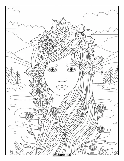 Dibujo de cara de niña para adultos: La expresión serena de una niña se mezcla con intrincados patrones florales y de enredaderas alrededor de su rostro