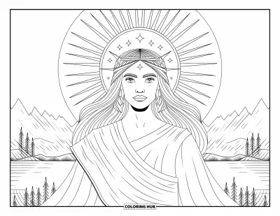 Dibujo de cara de niña para adultos: Una diosa con una túnica suelta contempla un paisaje sereno de montañas y agua