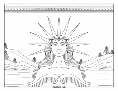 Dibujo de cara de niña para adultos: Una mujer con aspecto de diosa y cabello suelto se sienta debajo de un sol radiante en un paisaje celestial