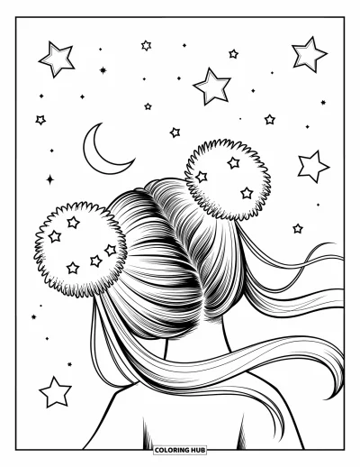 Dibujo para colorear de cara de niña para adultos: Una princesa de estilo kawaii con moños gemelos sonríe mientras las estrellas y una luna creciente iluminan el cielo