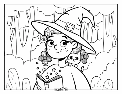 Dibujo de cara de niña para adultos: Una pequeña bruja en un bosque lee un libro brillante mientras su pequeño gato observa
