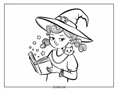 Dibujo de cara de niña para adultos: Una aprendiz de bruja mágica con un pequeño gato en su hombro lee un libro de hechizos