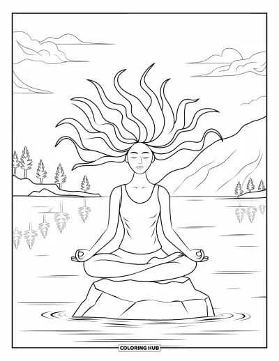 Dibujo de cara de niña para adultos: Una mujer pacífica con el pelo fluyendo como el agua se sienta en posición de loto junto a un lago tranquilo