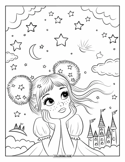 Dibujo de cara de niña para adultos: Una princesa con pequeñas horquillas de estrella mira hacia las estrellas flotantes con una luna creciente detrás de ella