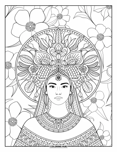 Dibujo de cara de niña para adultos: Una mujer majestuosa lleva un elaborado tocado adornado con intrincados diseños florales y geométricos