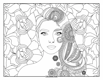 Dibujo de cara de niña para adultos: Una mujer serena con arte de henna en su rostro está rodeada de intrincados patrones florales