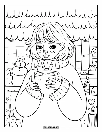 Dibujo de cara de niña para adultos: Una niña vestida con un suéter disfruta de cacao en una cabaña con un muñeco de nieve y una vela parpadeante cerca