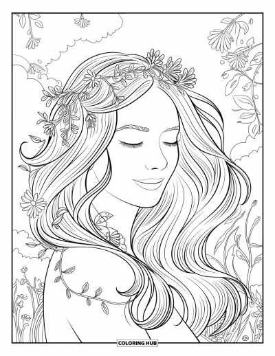 Dibujo de cara de niña para adultos: Una mujer en un jardín cierra los ojos pacíficamente, con enredaderas florales en su cabello