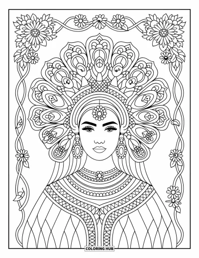 Dibujo de cara de niña para adultos: Una mujer con un tocado ornamentado con patrones florales y de joyas está de pie debajo de un arco decorado