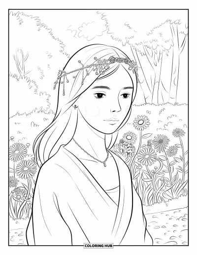 Dibujo de cara de niña para adultos: Una mujer con un tocado está de pie en un jardín floreciente lleno de flores y árboles