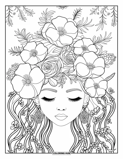 Dibujo de cara de niña para adultos: Una mujer con flores florecientes en el pelo está enmarcada por enredaderas y hojas arremolinadas