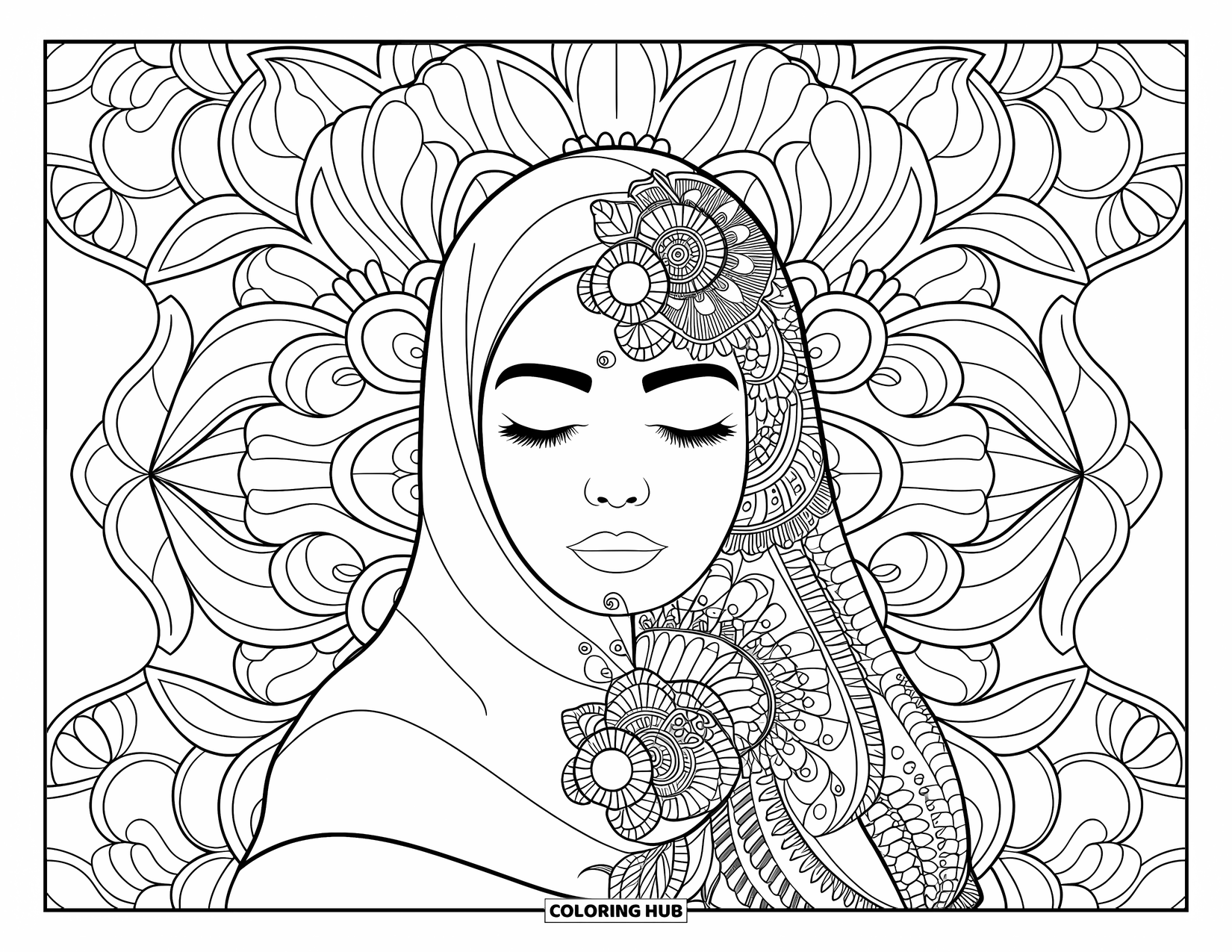Meisjesgezicht Kleurplaat voor volwassenen: Een vrouw met gesloten ogen en een hoofddoek heeft bloemen henna-patronen die de helft van haar gezicht versieren