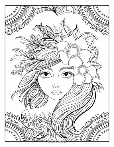 Dibujo de cara de niña para adultos: Una mujer con patrones florales en el pelo está rodeada de montañas, árboles y un lago tranquilo