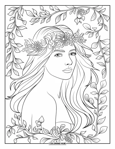 Dibujo de cara de niña para adultos: Una mujer con cabello suelto y una corona floral está rodeada de enredaderas entrelazadas