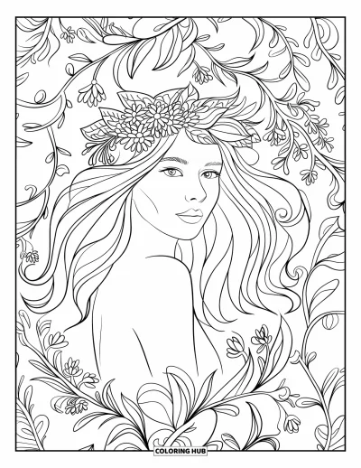 Dibujo de cara de niña para adultos: Una mujer con cabello largo y ondulado sonríe suavemente mientras enredaderas florales enmarcan su rostro
